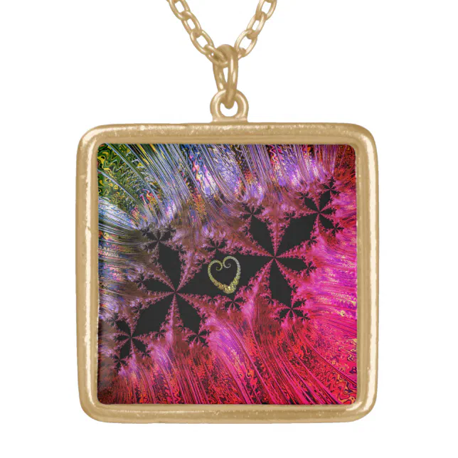 Multicolored Fractal Clear Outline Gold Plated Necklace