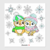 Whimsical Watercolor Owls Couple and Snowflakes Sticker