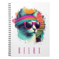 80s Retro Cool Cat with Pink Sunglasses White Notebook