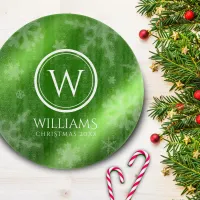 Festive Green Foil Snowflakes Monogram Name Cutting Board