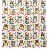 Colorful Woodland Owls and Leaves Watercolor Shower Curtain