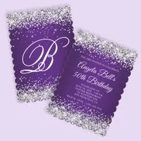 Silver Glitter Royal Purple Monogram 50th Birthday Invitation