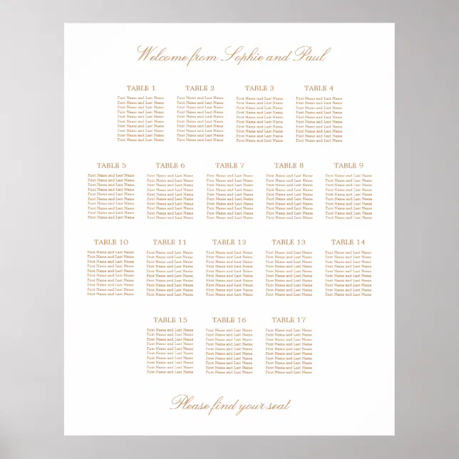 White Golden Beige 17 Table Wedding Seating Chart