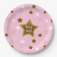 Pink and Gold Stars Its a Girl Paper Plates
