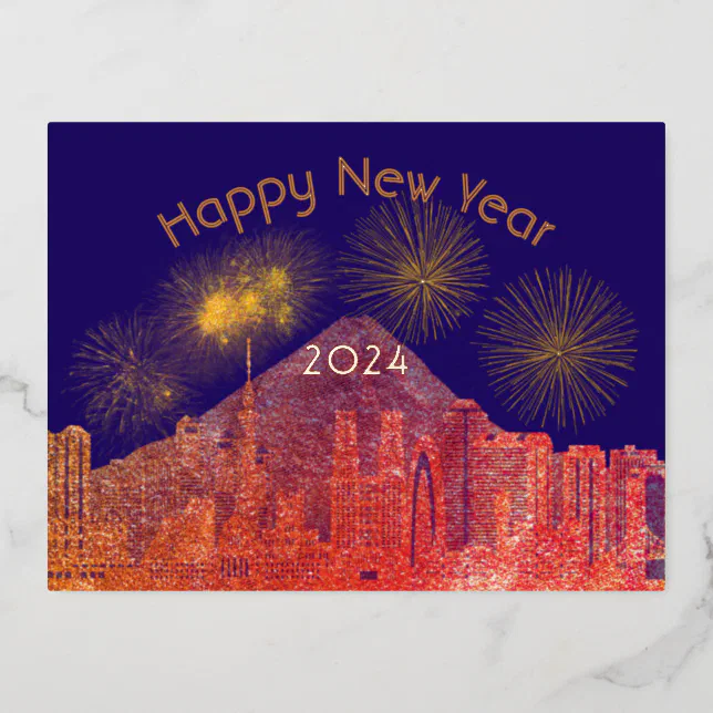 Fireworks in a beautiful city - happy new year  foil holiday postcard