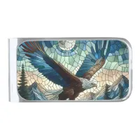 Mosaic Bear and Eagle in the Mountains Ai Art Silver Finish Money Clip