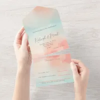 Simple Budget Pastel Peach & Turquoise Wedding All In One Invitation