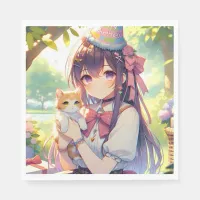 Pretty Anime Holding Kitten Girl's Birthday Napkins