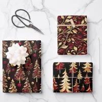 Classy Black, Burgundy and Gold Christmas Tree Wrapping Paper Sheets