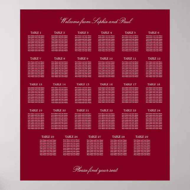 Burgundy 29 Table Wedding Seating Chart Poster