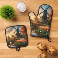 Windmill in Dutch Countryside by River with Tulips Oven Mitt & Pot Holder Set