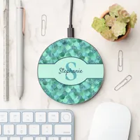 Monogram Mermaid Scales Sea Green Aqua Wireless Charger