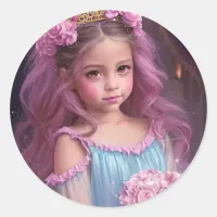 Beautiful Girl with Pink Flowers in her Hair Classic Round Sticker