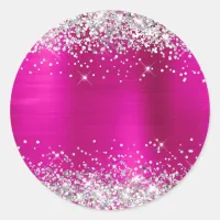 Silver Glitter Metallic Hot Pink Blank Classic Round Sticker