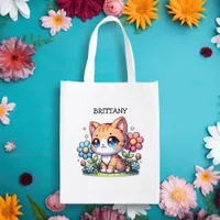 Cute  Orange Kitty Cat in Flowers Personalized Grocery Bag