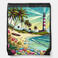 Pretty Comic Book Style Tropical Paradise Drawstring Bag