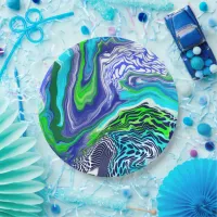 Blue and Lime Green Marble Swirls Birthday Paper Plates