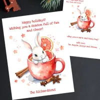 Adorable Watercolor Christmas Bunny in a Red Mug Holiday Postcard