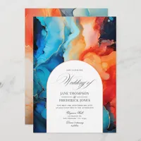 Royal Blue, Turquoise & Coral Alcohol Ink Wedding Invitation