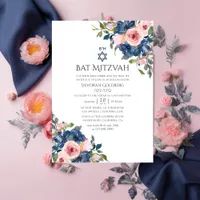 Watercolor Navy and Blush Floral Bat Mitzvah Invitation