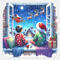 Kids Watching Santa on Christmas Eve Square Sticker