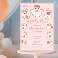 Spooky One Cute Pink Ghost & Bows 1st Birthday Invitation