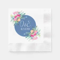 Blue Floral Pink Rosebud Wedding Personalized Napkins