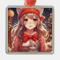 Pretty Anime Girl Holding Kitten Christmas Metal Ornament