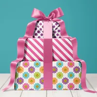 Colorful Daisy Floral Stripes Polka Dot Wrapping Paper Sheets