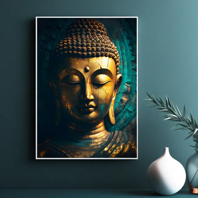 Peaceful Buddha Face Gold Blue Art Antique Poster