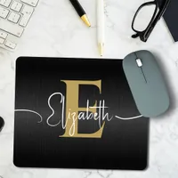 Modern Black Gold Monogrammed Girly Elegant Script Mouse Pad