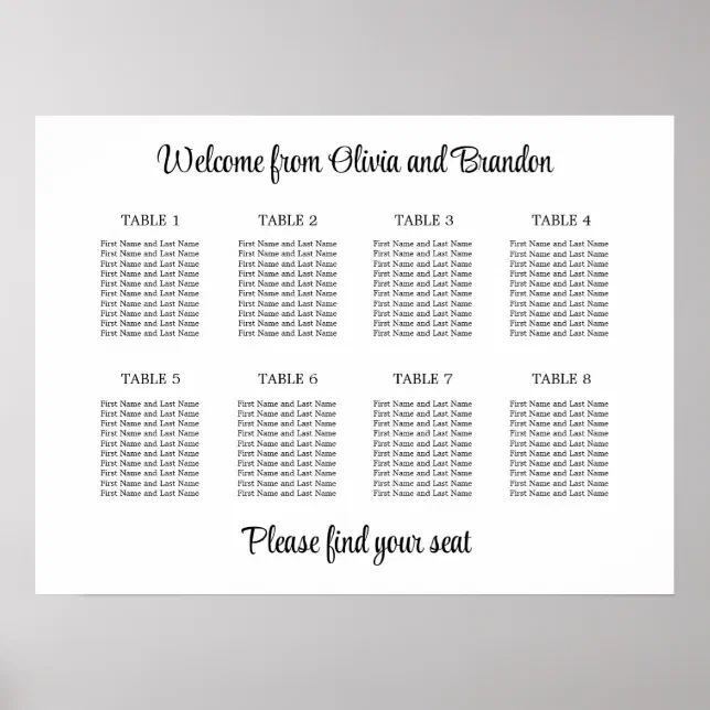 Stylish 8 Table Wedding Seating Chart Poster