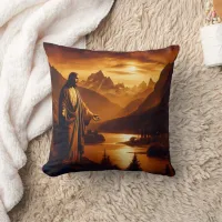 Jesus Standing by River at Sunset in Mountains Throw Pillow