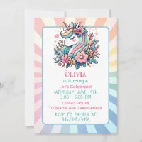 Cute Pink Unicorn themed Girl's Birthday Invite