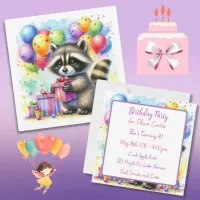 Cute Watercolor Cartoon Raccoon Birthday Invitation