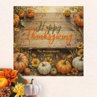 Fall Pumpkins Leaves  Rustic Wood Thanksgiving Poster