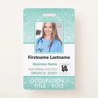 Staff Photo ID Barcode Logo Aqua Blue Glitter Name Badge