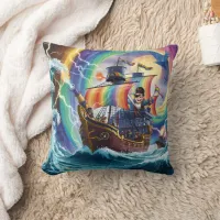 Colorful Pirate Ship Sailing Through Stormy Seas Throw Pillow