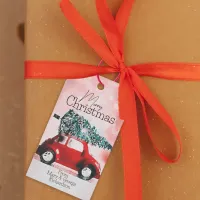 Vintage Red Car with a Christmas Tree Tied to Roof Gift Tags