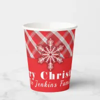 Snowflake On Red Retro Vintage Christmas Plaid  Paper Cups