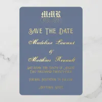 Monogram Elegant Dusty Blue & Gold Save the Date Foil Invitation