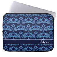 Celestial Love Stars Hearts Dark Blue Pattern Name Laptop Sleeve