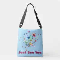 Simple Floral Watercolor Monogram Bee on blue  Crossbody Bag