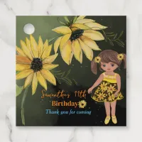 Sunflower Watercolor Girl Black Birthday Favor Tags