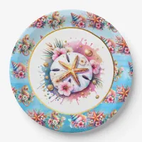 Pink, Blue and Gold Coastal Sand Dollar Beachy Paper Plates