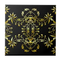 Elegant Classic Leafy Gold Ornaments On Black Ceramic Tile