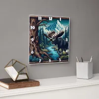 Majestic Moose by River in Mountain Landscape Square Wall Clock