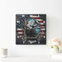 Majestic Eagle Perched Against Mountain Landscape Square Wall Clock