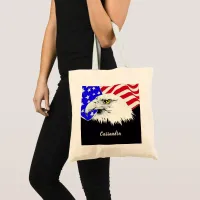 Bald Eagle American Flag Custom Name or Quote Tote Bag