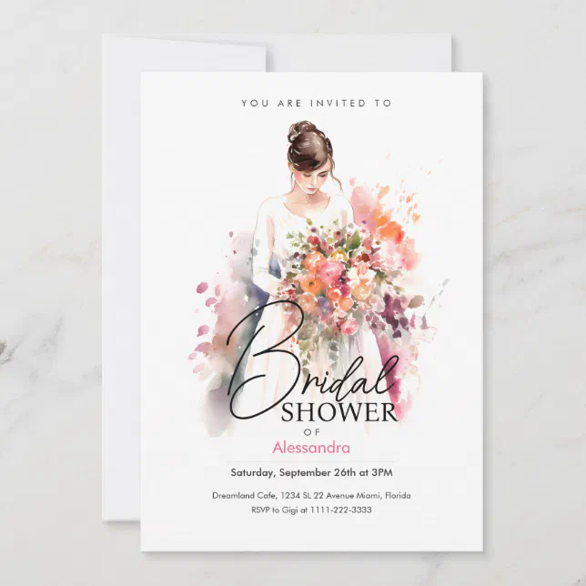 Bride with Flowers in Watercolor | Bridal Shower Invitation